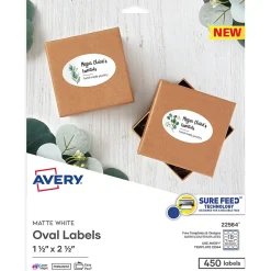 Labels|Avery Print-to-the-Edge Laser/Inkjet Oval Labels, 1 1/2" x 2 1/2", White, 450 Labels/Pack (22564)