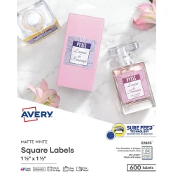 Clearance Avery Print-to-the-Edge Laser/Inkjet Square Labels, 1 1/2" x 1 1/2", White, 600 Labels/Pack (22805)