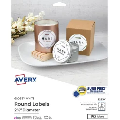Sale Avery Print-to-the-Edge Laser/Inkjet Round Labels, 2 1/2" Dia, Glossy White, 90 Labels/Pack (22830)