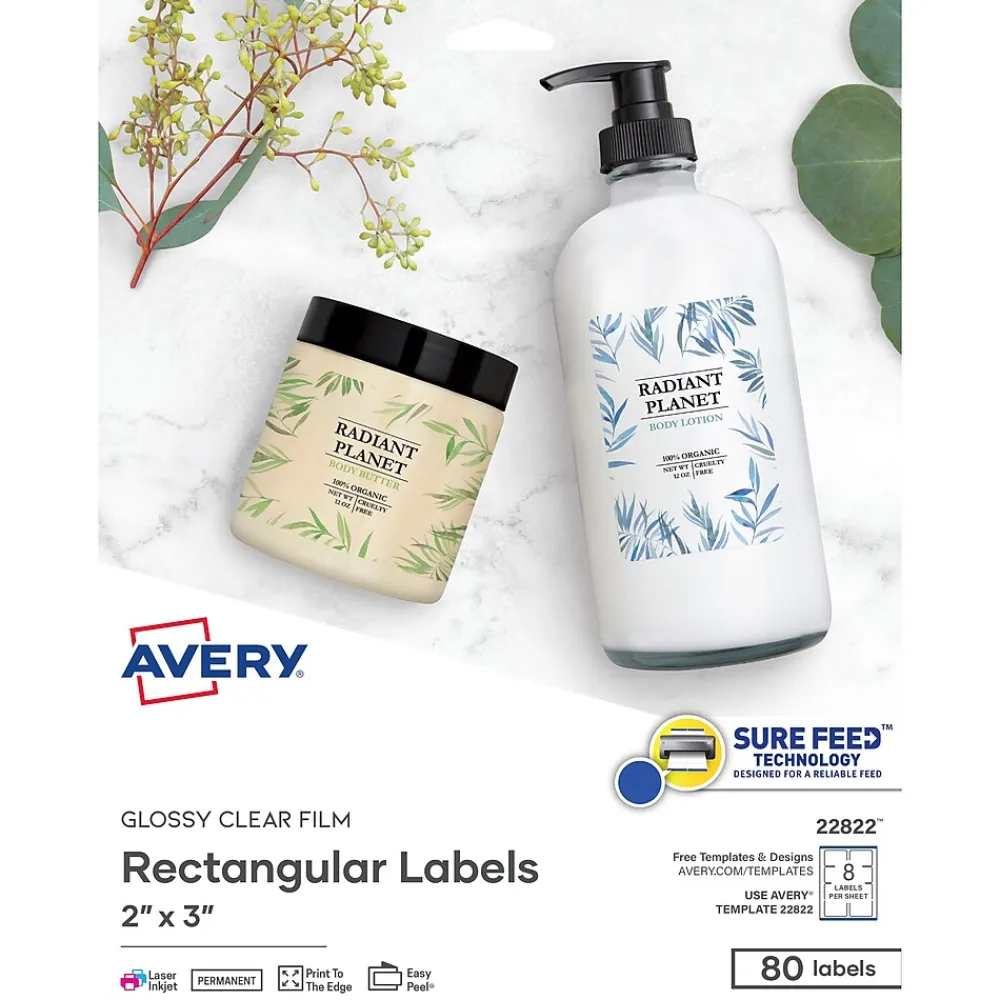 Labels|Avery Print-to-the-Edge Laser/Inkjet Rectangle Labels, 2" x 3", Glossy Clear, 80 Labels/Pack (22822)