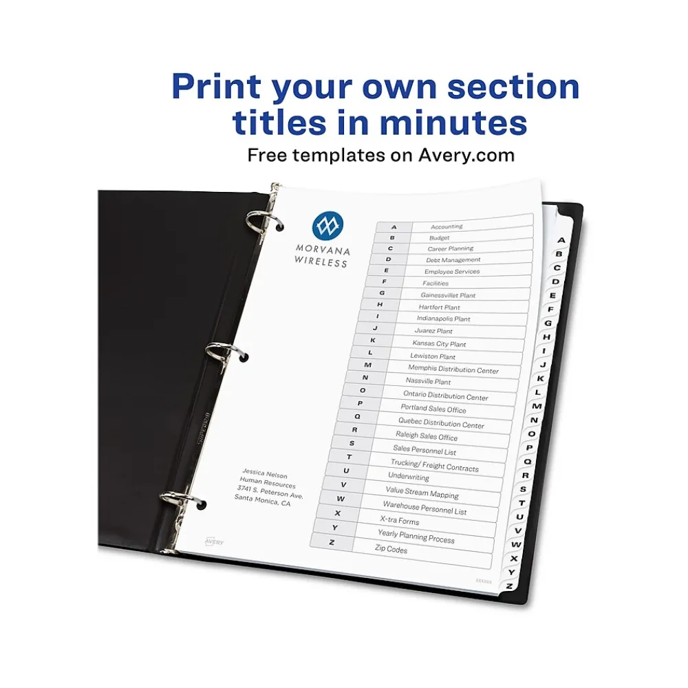 Dividers|Avery Ready Index Customizable Table of Contents A-Z Tab Dividers, White Tabs, 6 Sets (11829)