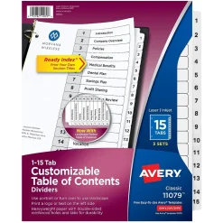 Dividers|Avery Ready Index Customizable Table Of Contents Preprinted Paper Dividers, 15-Tab, White, 3 Sets/Pack (11079)