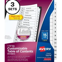 Dividers|Avery Ready Index Customizable Table Of Contents Preprinted Paper Dividers, 15-Tab, White, 3 Sets/Pack (11079)