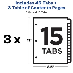 Dividers|Avery Ready Index Customizable Table Of Contents Preprinted Paper Dividers, 15-Tab, White, 3 Sets/Pack (11079)