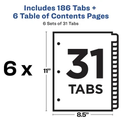 Dividers|Avery Ready Index Table of Contents Paper Dividers, 1-31 Tabs, Multicolor, 6 Sets/Pack (11831)