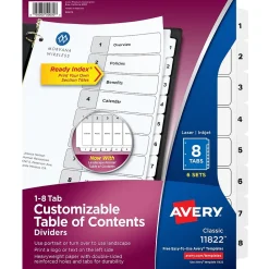 Dividers|Avery Ready Index Table of Contents Paper Dividers, 1-8 Tabs, White, 6 Sets/Pack (11822)