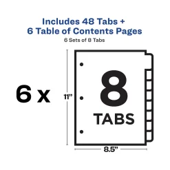 Dividers|Avery Ready Index Table of Contents Paper Dividers, 1-8 Tabs, White, 6 Sets/Pack (11822)