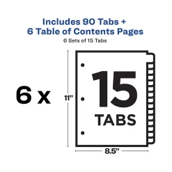Dividers|Avery Ready Index Table of Contents Paper Dividers, 1-15 Tabs, White, 6 Sets/Pack (11825)