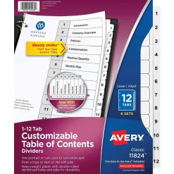 Dividers|Avery Ready Index Table of Contents Paper Dividers, 1-12 Tabs, White, 6 Sets/Pack (11824)