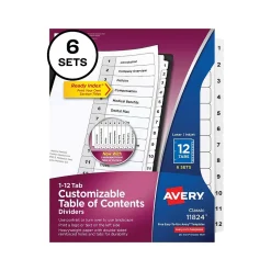 Dividers|Avery Ready Index Table of Contents Paper Dividers, 1-12 Tabs, White, 6 Sets/Pack (11824)