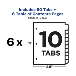 Dividers|Avery Ready Index Table of Contents Paper Dividers, 1-10 Tabs, White, 6 Sets/Pack (11823)