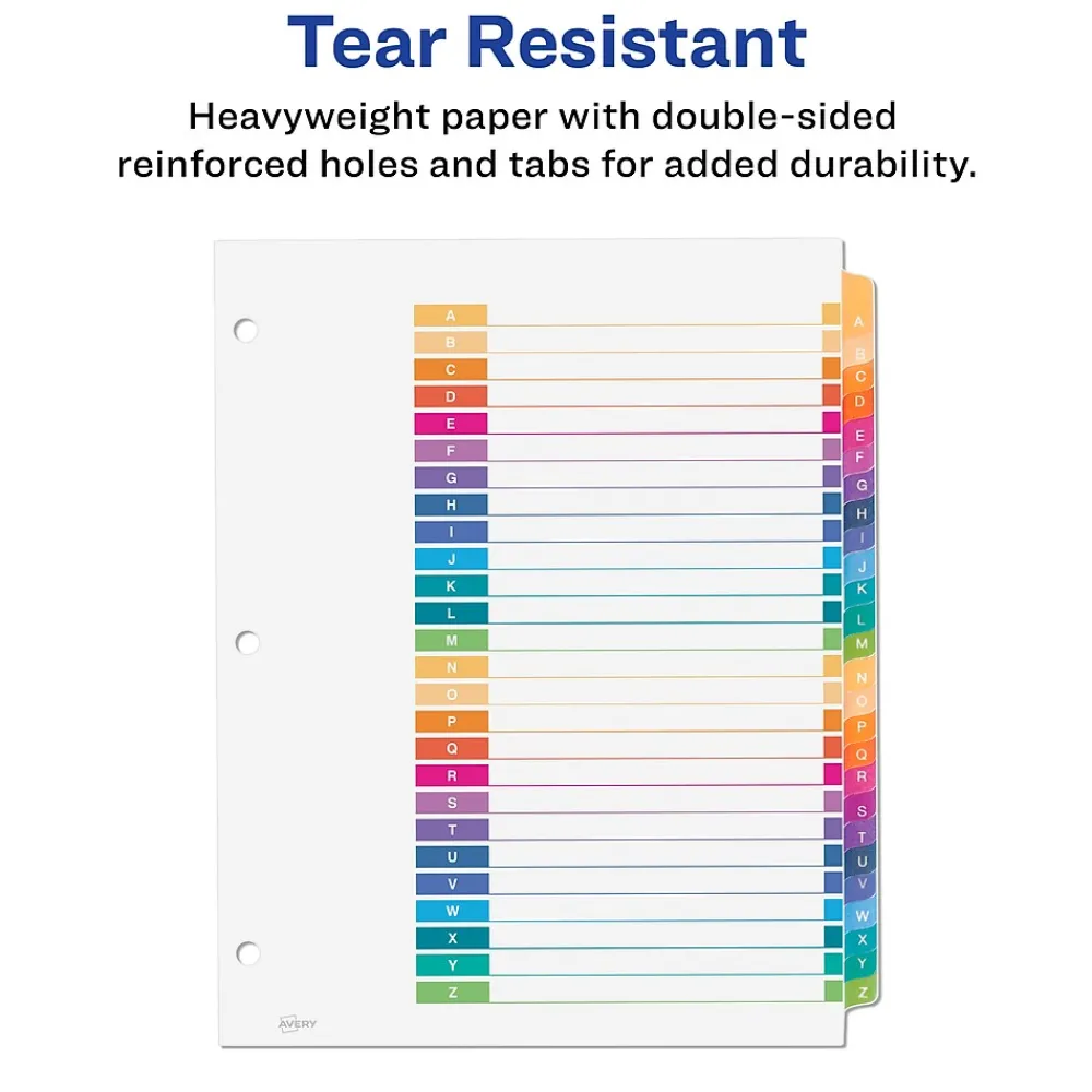 Dividers|Avery Ready Index Table of Contents Pre-Printed Paper Dividers, A-Z Tabs, Multicolor, 1 Set (11125)