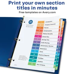 Dividers|Avery Ready Index Table of Contents Pre-Printed Paper Dividers, 15 Tabs, Multicolor, 1 Set (11143)