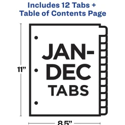 Dividers|Avery Ready Index Table of Contents Pre-Printed Monthly Paper Divider, Jan - Dec Tabs, Multicolor, 1 Set (11127)