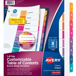 Dividers|Avery Ready Index Table of Contents Extra-Wide Paper Dividers, 1-8 Tab, Multicolor (11163)