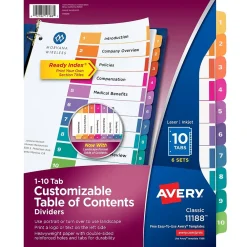 Dividers|Avery Ready Index Table of Contents Paper Dividers, 1-10 Tabs, Multicolor, 6 Sets/Pack (11188)