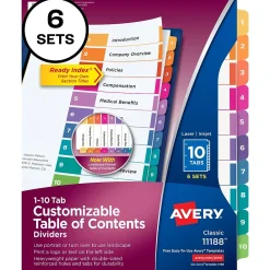 Dividers|Avery Ready Index Table of Contents Paper Dividers, 1-10 Tabs, Multicolor, 6 Sets/Pack (11188)