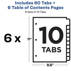 Dividers|Avery Ready Index Table of Contents Paper Dividers, 1-10 Tabs, Multicolor, 6 Sets/Pack (11188)