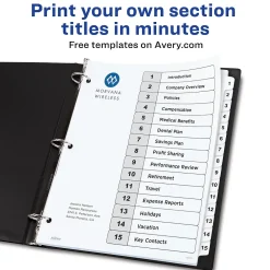 Dividers|Avery Ready Index Table of Contents Paper Dividers, 1-15 Tabs, White (11142)