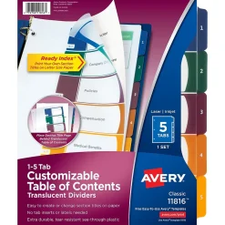 Dividers|Avery Ready Index Table of Contents Plastic Dividers, 1-5 Tabs, Multicolor (11816)