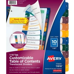 Dividers|Avery Ready Index Table of Contents Plastic Dividers, 1-10 Tabs, Multicolor (11818)