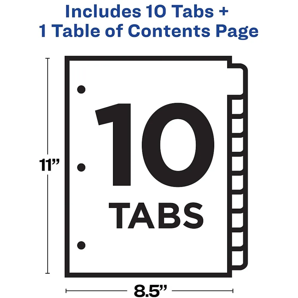 Dividers|Avery Ready Index Table of Contents Plastic Dividers, 1-10 Tabs, Multicolor (11818)