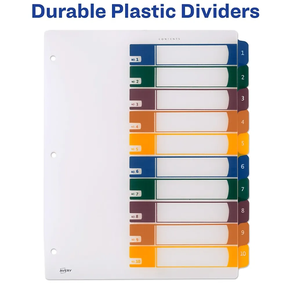 Dividers|Avery Ready Index Table of Contents Plastic Dividers, 1-10 Tabs, Multicolor (11818)