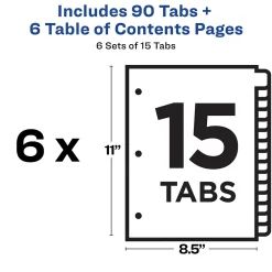 Dividers|Avery Ready Index Table of Contents Paper Dividers, 1-15 Tabs, Multicolor, 6 Sets/Pack (11197)