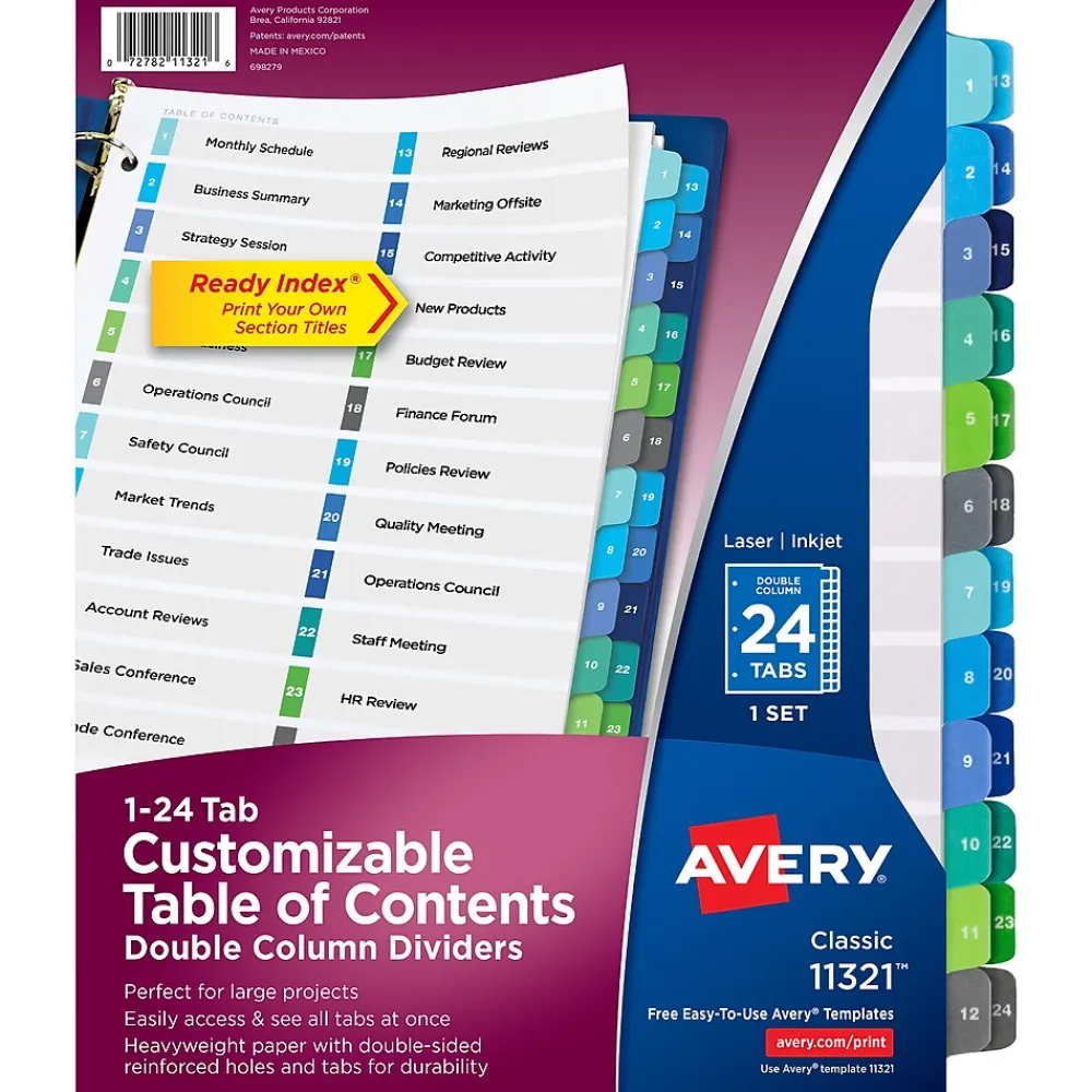 Dividers|Avery Ready Index Table of Contents Double Column Paper Dividers, 1-24 Tabs, Multicolor (11321)