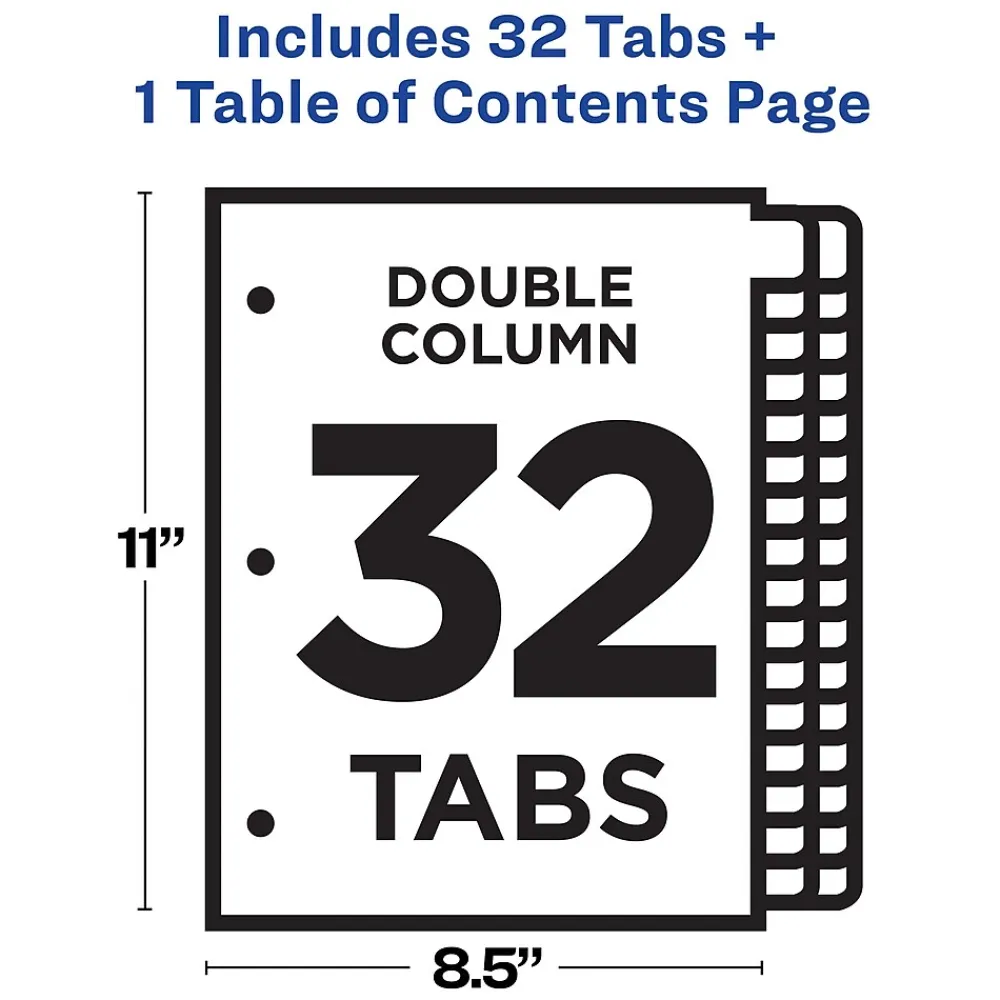 Dividers|Avery Ready Index Table of Contents Double Column Paper Dividers, 1-32 Tabs, Multicolor (11322)