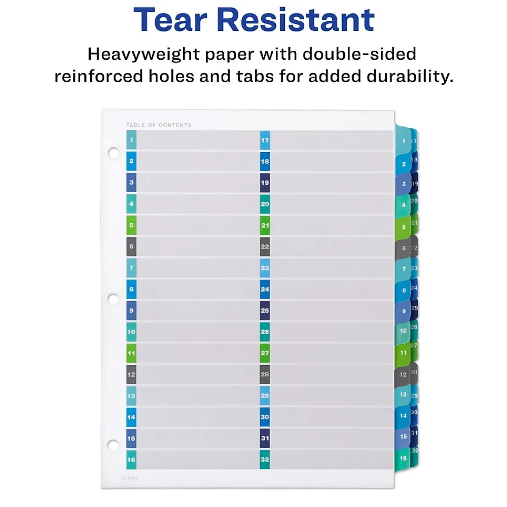 Dividers|Avery Ready Index Table of Contents Double Column Paper Dividers, 1-32 Tabs, Multicolor (11322)