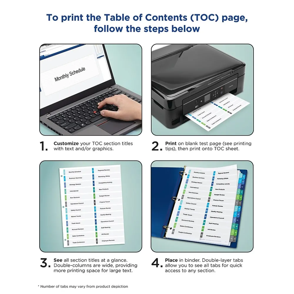 Dividers|Avery Ready Index Table of Contents Double Column Paper Dividers, 1-32 Tabs, Multicolor (11322)
