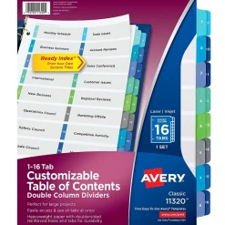 Dividers|Avery Ready Index Table of Contents Double Column Paper Dividers, 1-16 Tabs, Multicolor (11320)