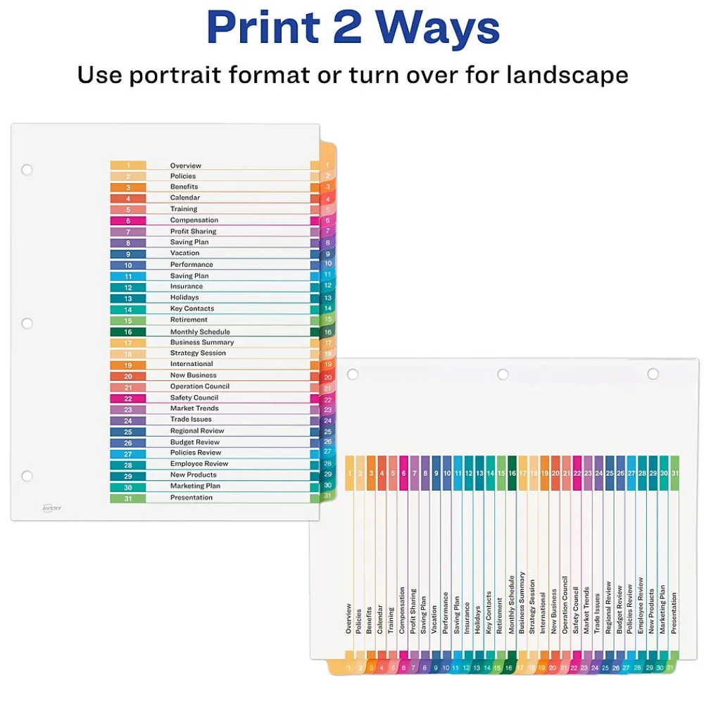 Dividers|Avery Ready Index Table of Contents EcoFriendly Paper Dividers, 1-31 Tabs, Multicolor (11084)
