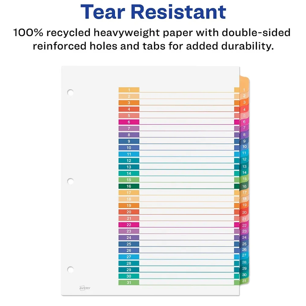Dividers|Avery Ready Index Table of Contents EcoFriendly Paper Dividers, 1-31 Tabs, Multicolor (11084)