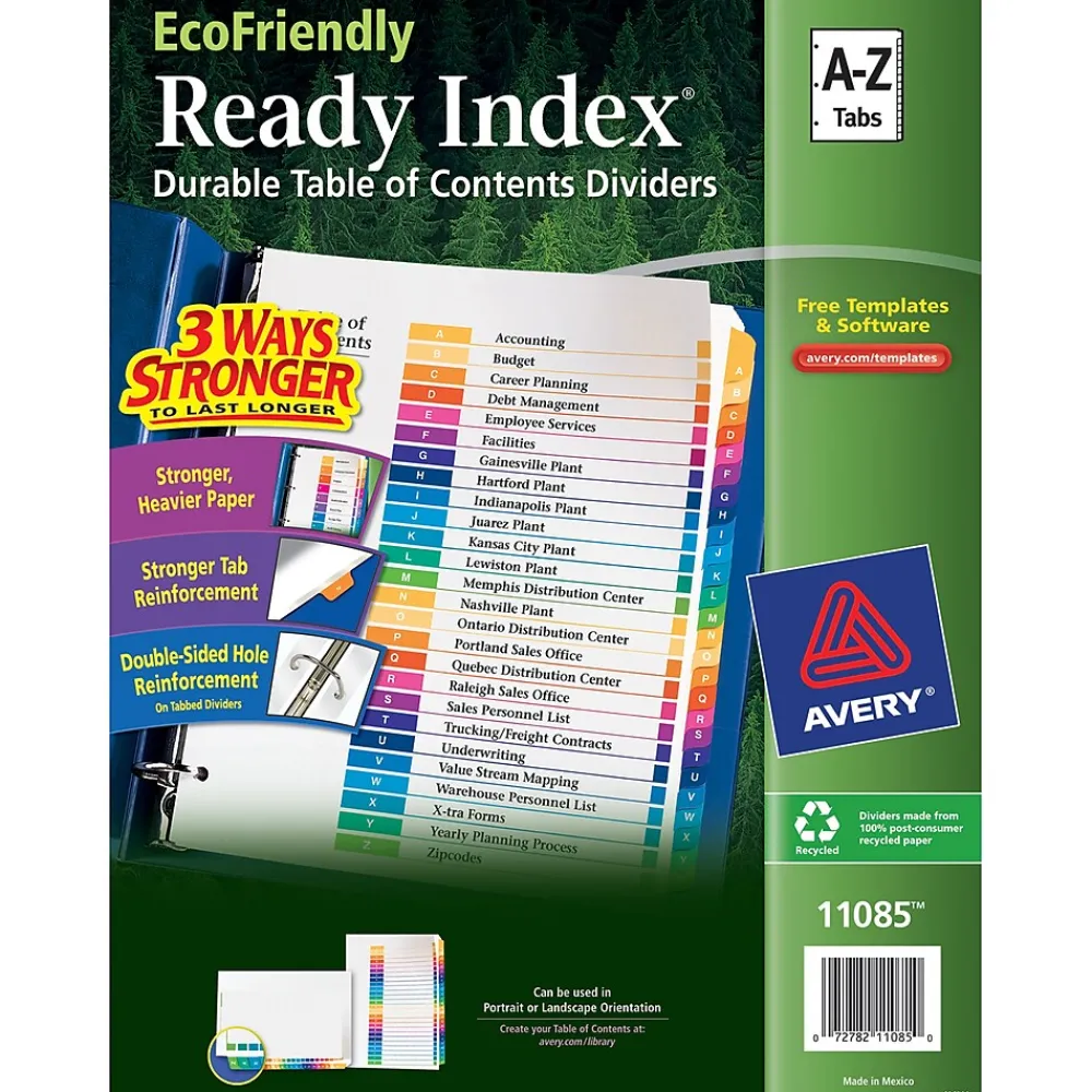Dividers|Avery Ready Index Table of Contents EcoFriendly Paper Dividers, A-Z Tabs, Multicolor (11085)