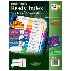 Dividers|Avery Ready Index Table of Contents EcoFriendly Paper Dividers, 1-12 Tabs, Multicolor, 3 Sets/Pack (11083)