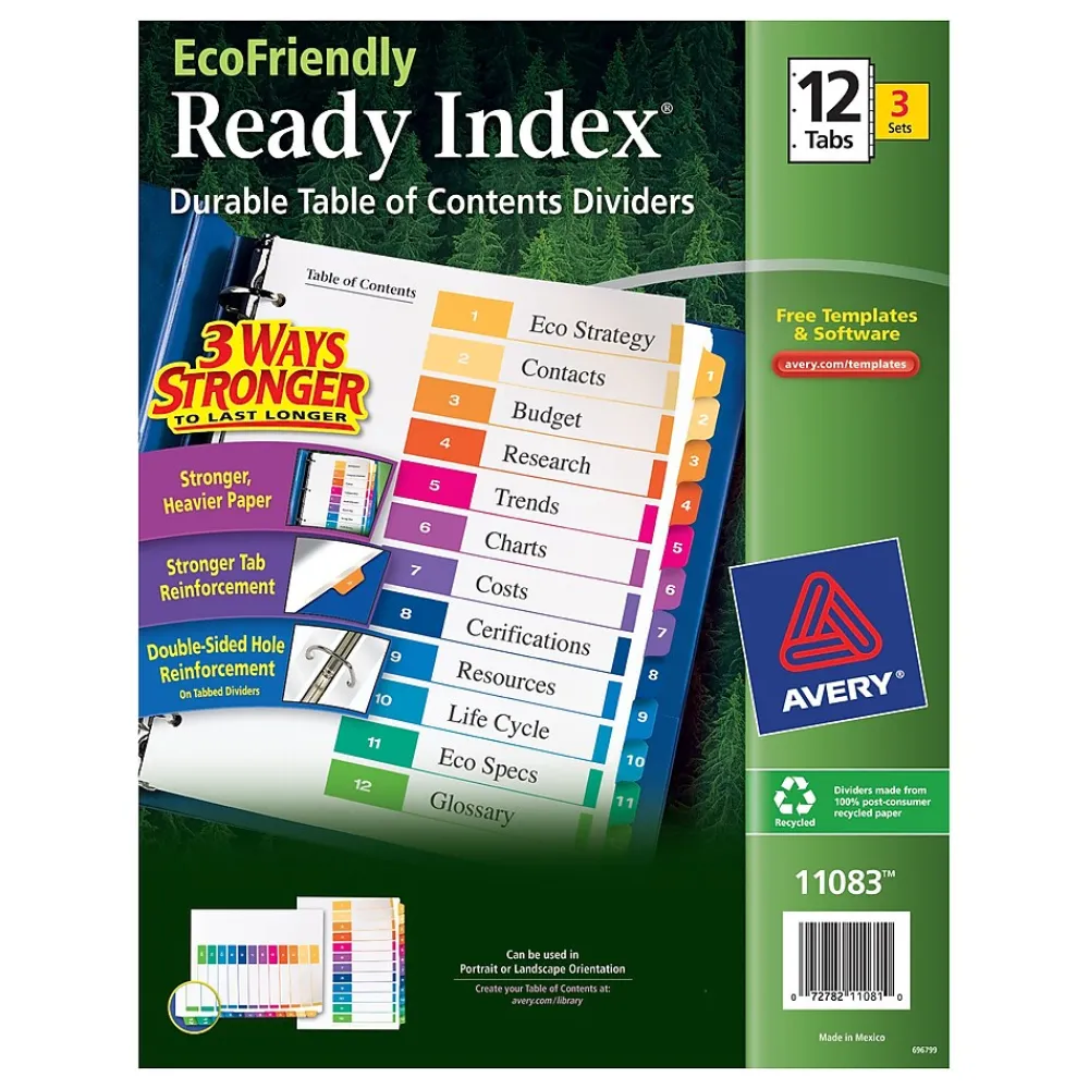 Dividers|Avery Ready Index Table of Contents EcoFriendly Paper Dividers, 1-12 Tabs, Multicolor, 3 Sets/Pack (11083)