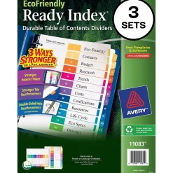 Dividers|Avery Ready Index Table of Contents EcoFriendly Paper Dividers, 1-12 Tabs, Multicolor, 3 Sets/Pack (11083)