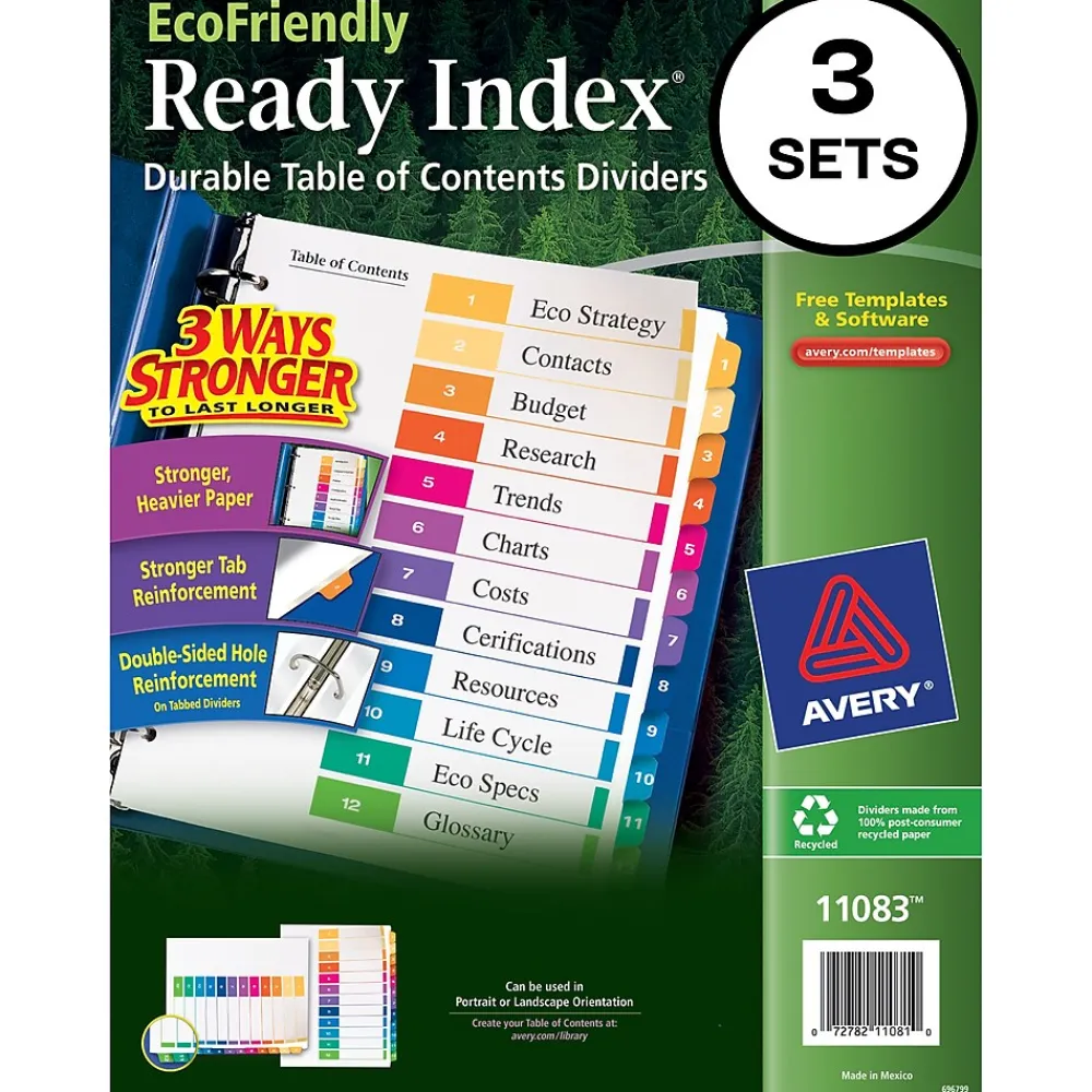 Dividers|Avery Ready Index Table of Contents EcoFriendly Paper Dividers, 1-12 Tabs, Multicolor, 3 Sets/Pack (11083)