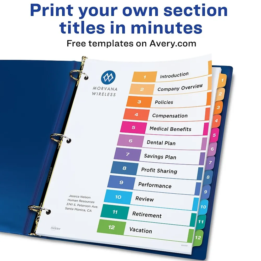 Dividers|Avery Ready Index Table of Contents EcoFriendly Paper Dividers, 1-12 Tabs, Multicolor, 3 Sets/Pack (11083)