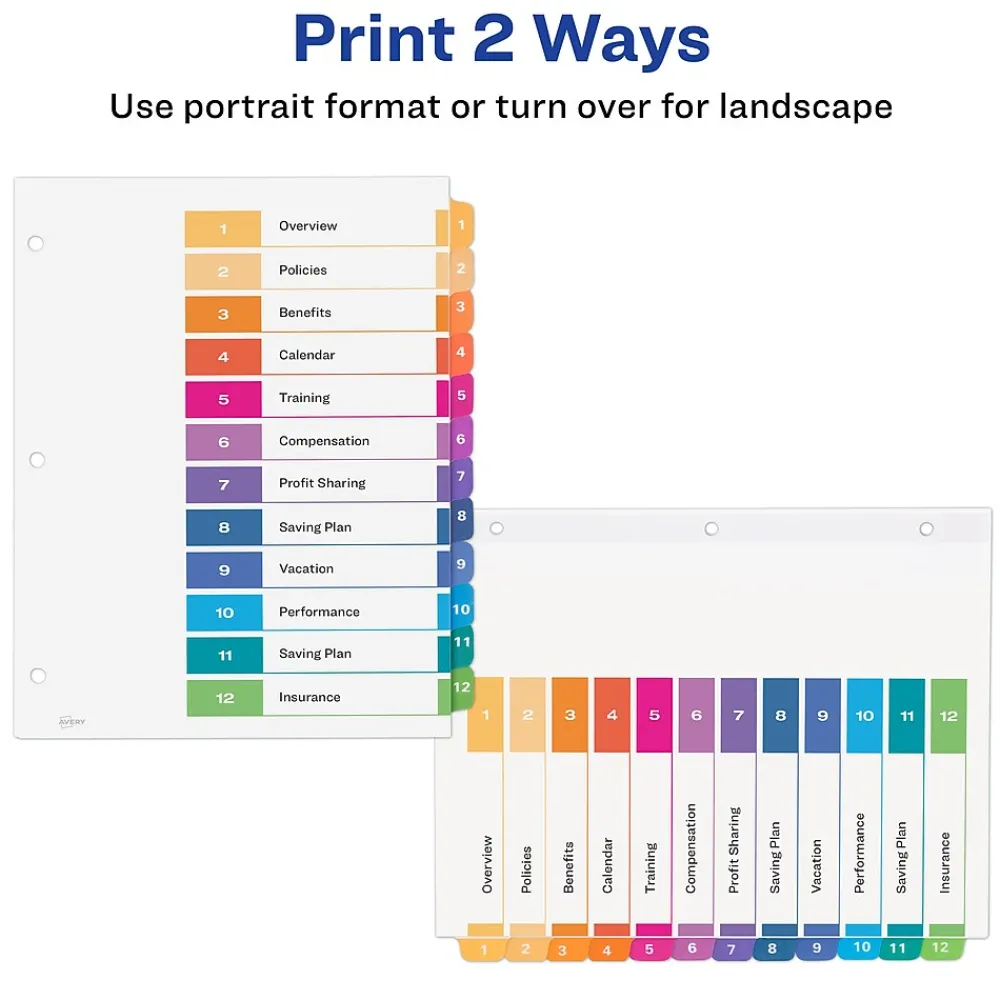 Dividers|Avery Ready Index Table of Contents EcoFriendly Paper Dividers, 1-12 Tabs, Multicolor, 3 Sets/Pack (11083)