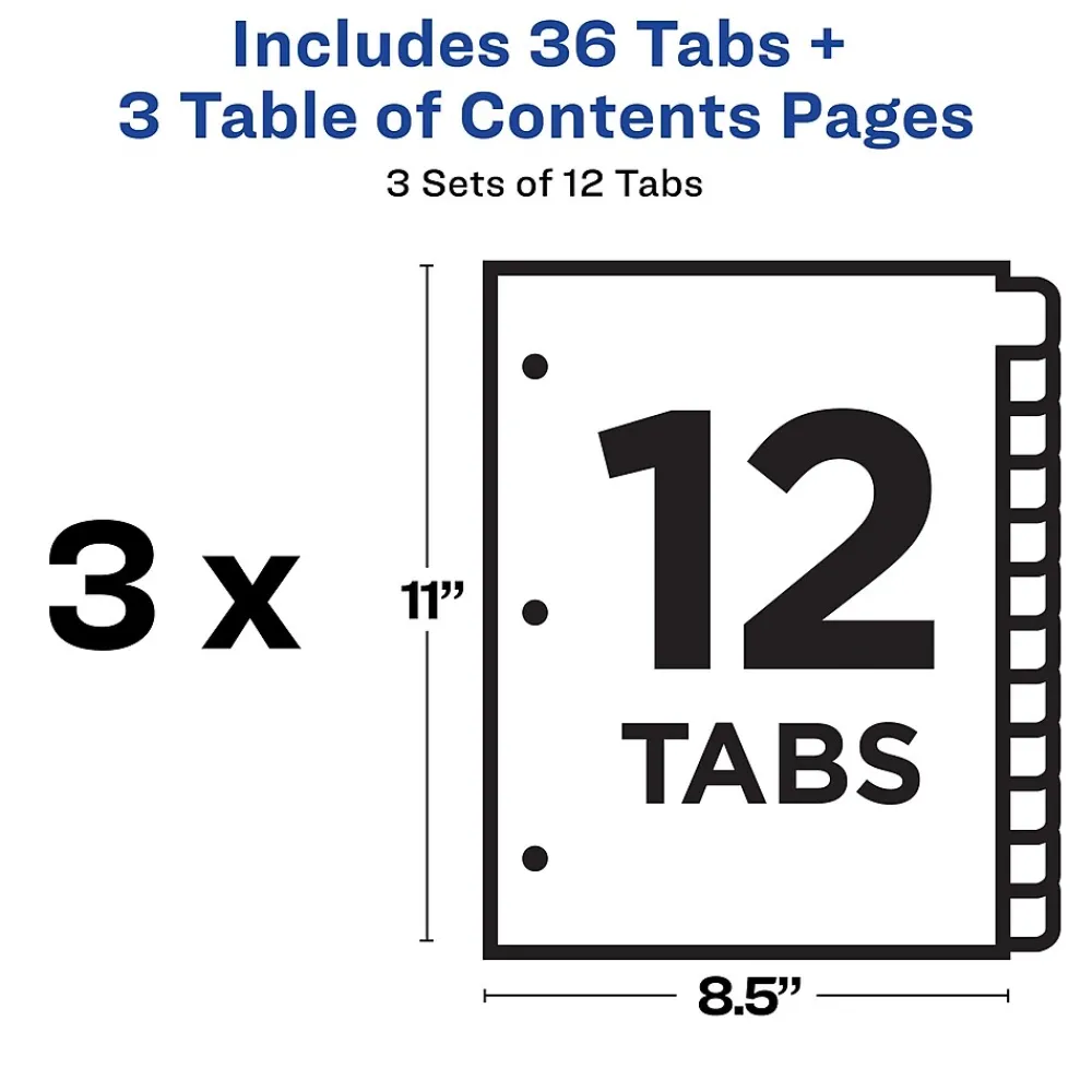 Dividers|Avery Ready Index Table of Contents EcoFriendly Paper Dividers, 1-12 Tabs, Multicolor, 3 Sets/Pack (11083)