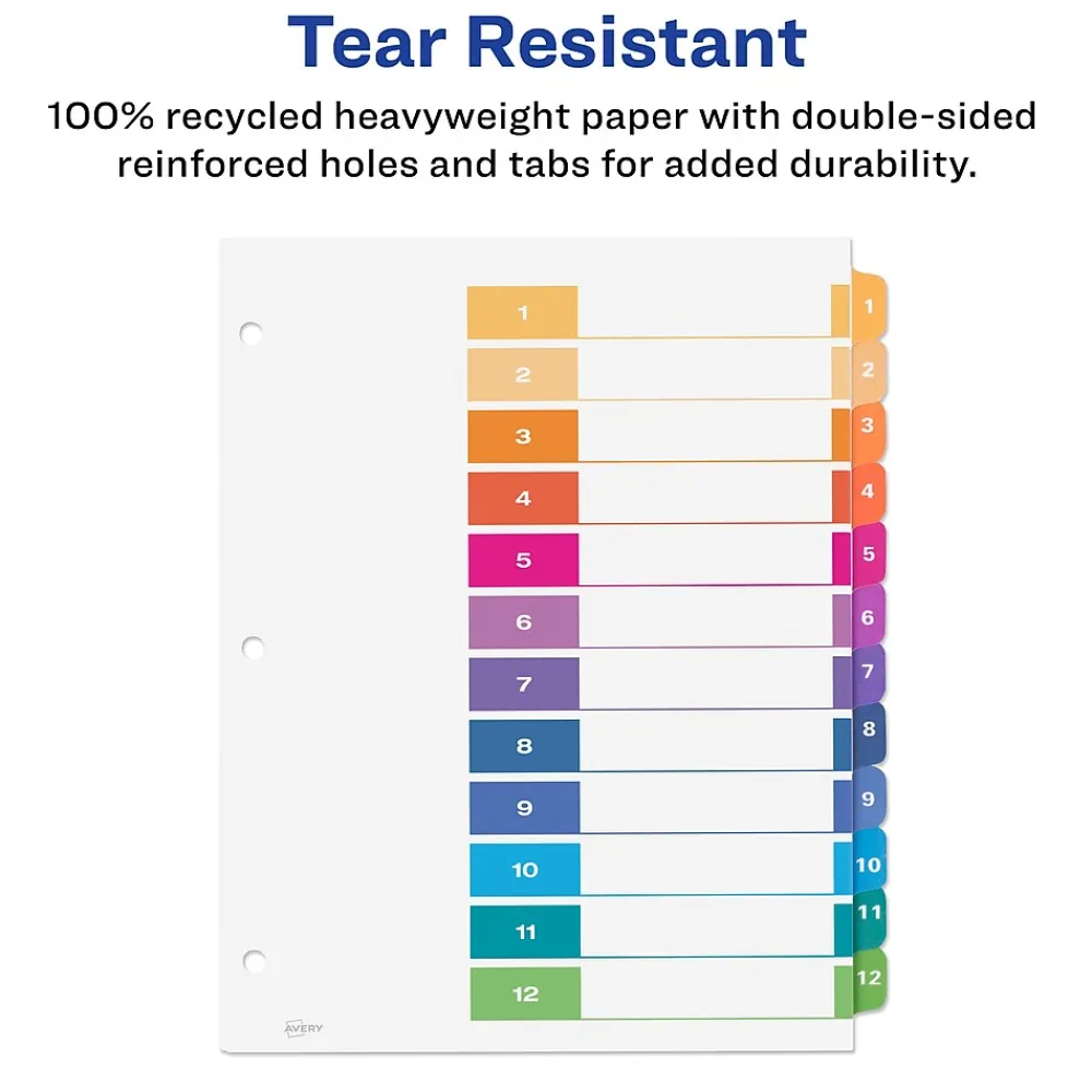 Dividers|Avery Ready Index Table of Contents EcoFriendly Paper Dividers, 1-12 Tabs, Multicolor, 3 Sets/Pack (11083)