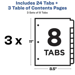 Dividers|Avery Ready Index Table of Contents EcoFriendly Paper Dividers, 1-8 Tabs, Multicolor, 3 Sets/Pack (11081)
