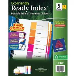 Dividers|Avery Ready Index Table of Contents EcoFriendly Paper Dividers, 1-5 Tabs, Multicolor, 3 Sets/Pack (11080)