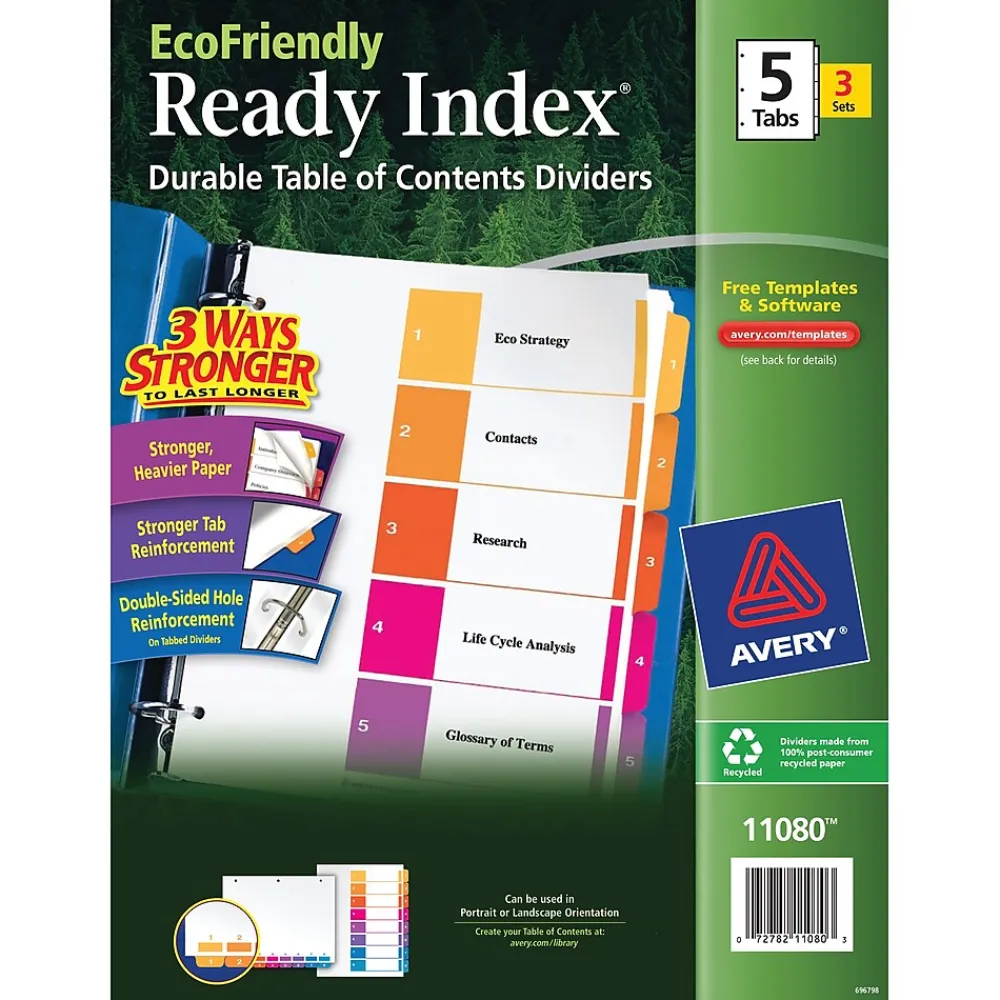 Dividers|Avery Ready Index Table of Contents EcoFriendly Paper Dividers, 1-5 Tabs, Multicolor, 3 Sets/Pack (11080)