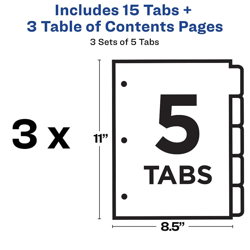 Dividers|Avery Ready Index Table of Contents EcoFriendly Paper Dividers, 1-5 Tabs, Multicolor, 3 Sets/Pack (11080)