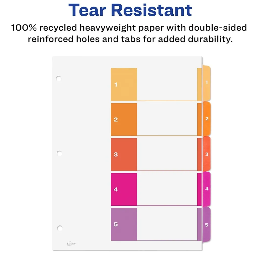 Dividers|Avery Ready Index Table of Contents EcoFriendly Paper Dividers, 1-5 Tabs, Multicolor, 3 Sets/Pack (11080)