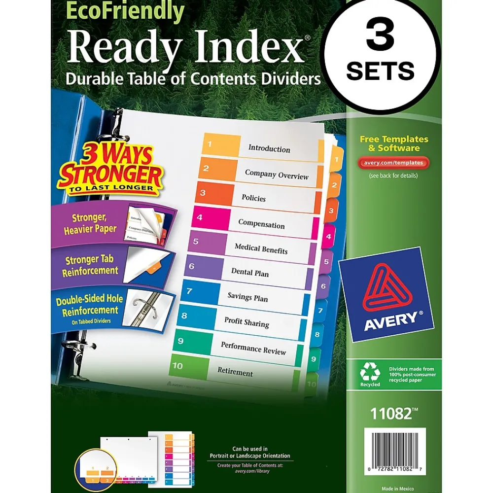 Dividers|Avery Ready Index Table of Contents EcoFriendly Paper Dividers, 1-10 Tabs, Multicolor, 3 Sets/Pack (11082)